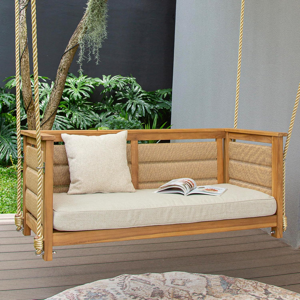 Blaine Teak Porch Swing with Tan Cushion - 2 Seater