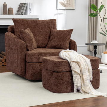 Modern Swivel Lounge Chair and Ottoman — Brown Chenille