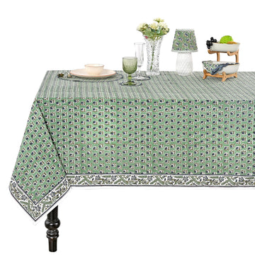 Basil Green, Peacock Blue Hand Block Print Cotton Cloth Dinning Table Cover Wedding Farmhouse Thanks Giving Christmas