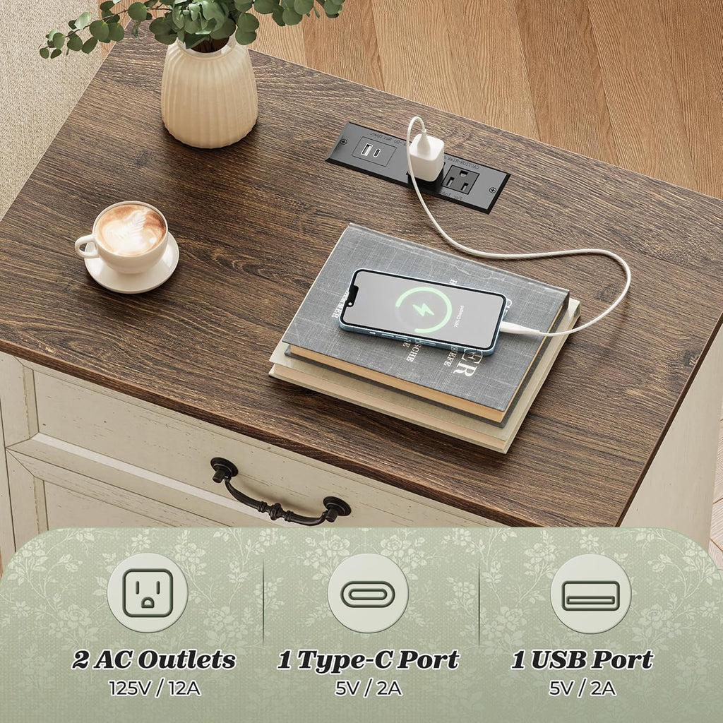 Nightstand with Charging Station, 3 Drawer Night Stand Set of 2, 22 Inch Wider Side Table with Storage, Farmhouse