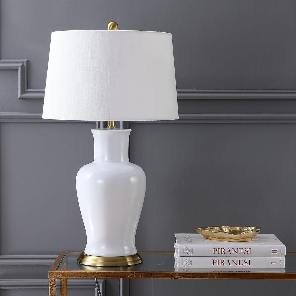 29" White/Gold Traditional Ceramic Urn LED Table Lamp Decor, White Linen Drum Shade, Classic Nightstand Lamp