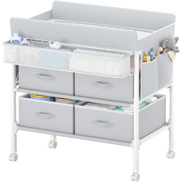 Baby Changing Table with 4 Drawers, Waterproof Diaper Changing Station with Storage, Adjustable Height Baby Changing
