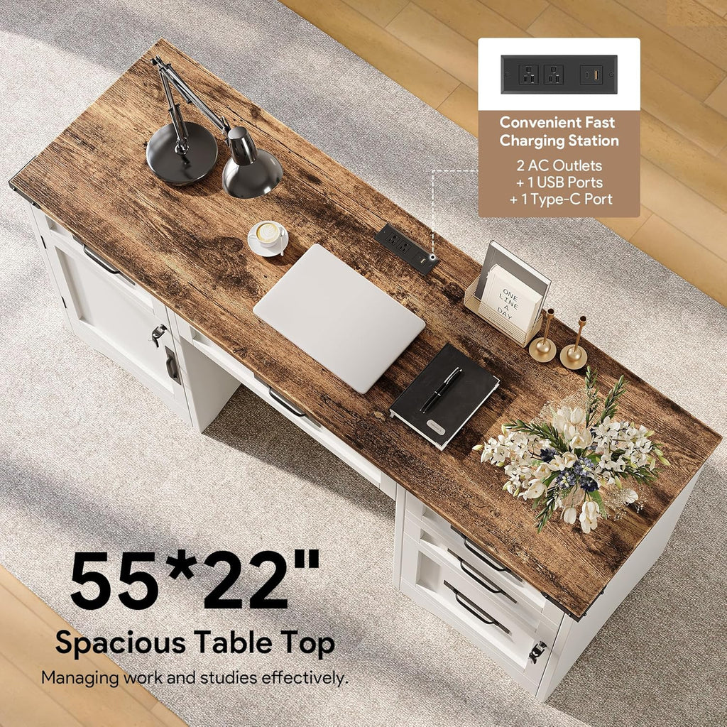 Farmhouse Executive Desk with Drawers, 55" Home Office Desks with Fast Charging Station, Lockable File Cabinet