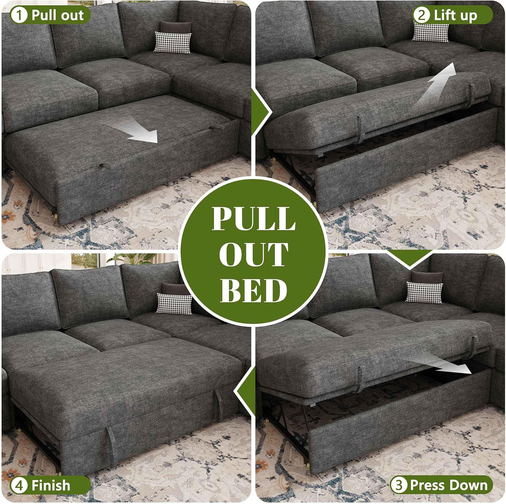 108 Inch Sectional Sleeper Sofa with Pull Out Bed, U Shaped 7 Seat Modular Sectional Sofa with Storage