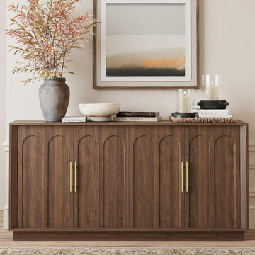 67" Sideboard Buffet Cabinet with Storage, Arched Doors, Walnut | Mid Century Modern Accent Cabinet with Wood Gain