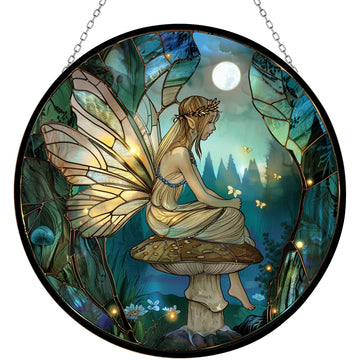 Fairy Mushroom Stained Glass Window Hanging, 9.8''Sun Catcher Glass Panel Boho Wall Art Decor with Chain, Hand