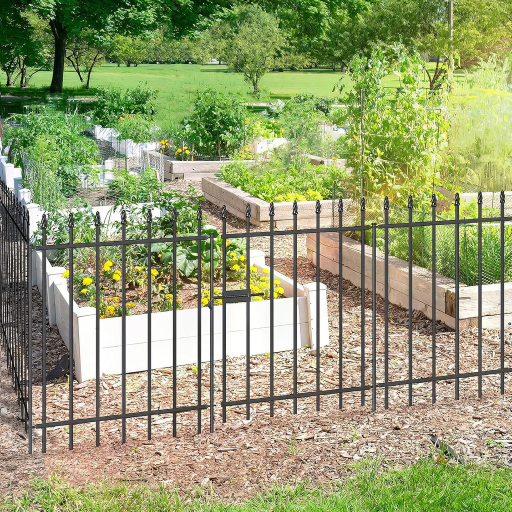 Metal Garden Fence with Gate 30 in H x 10 ft L, 1 Gate + 4 Panels Border Fence Panels Animal Barrier for Dogs, No Dig