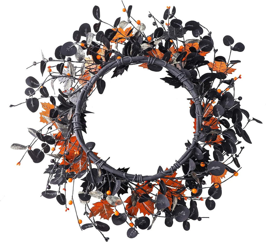 20" Halloween Wreath for Front Door, Golden and Black Maple Leaves