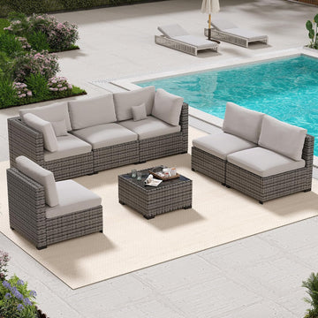 7 Piece Patio Outdoor Furniture Set, Outdoor Sectional, All-Weather Hand-Woven Wicker Patio Sectional Sofa, Rattan