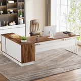 71-Inch Executive Desk, L-Shaped Desk with Cabinet, Large Office Desk with Drawers and Storage Shelves