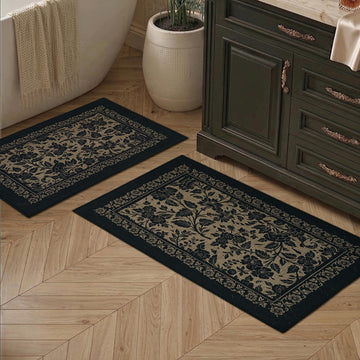 20"x32"+17"x24" Bathroom Rugs, Non Slip Floral Bath Mats, Black