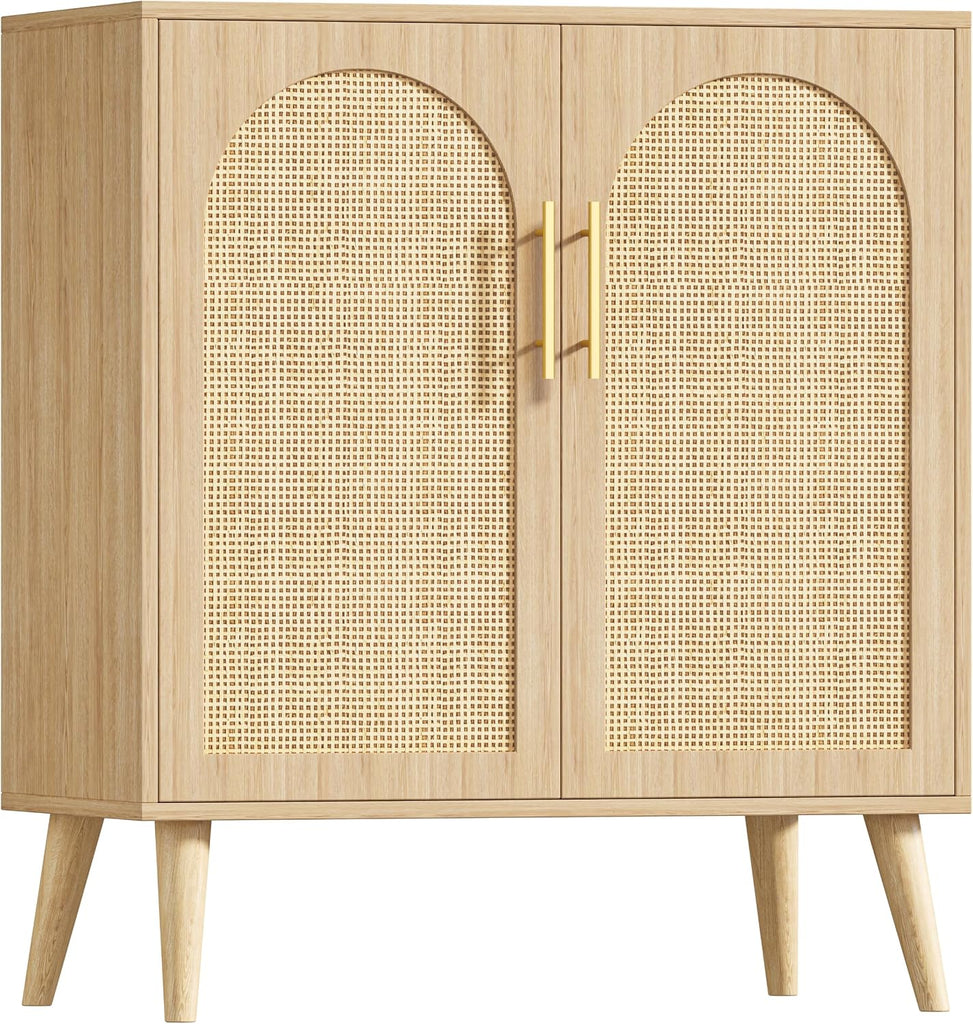 15.7" D Rattan Storage Cabinet with 2 Doors & Adjustable Shelf | Accent Buffet Sideboard Cabinet with Solid Wood