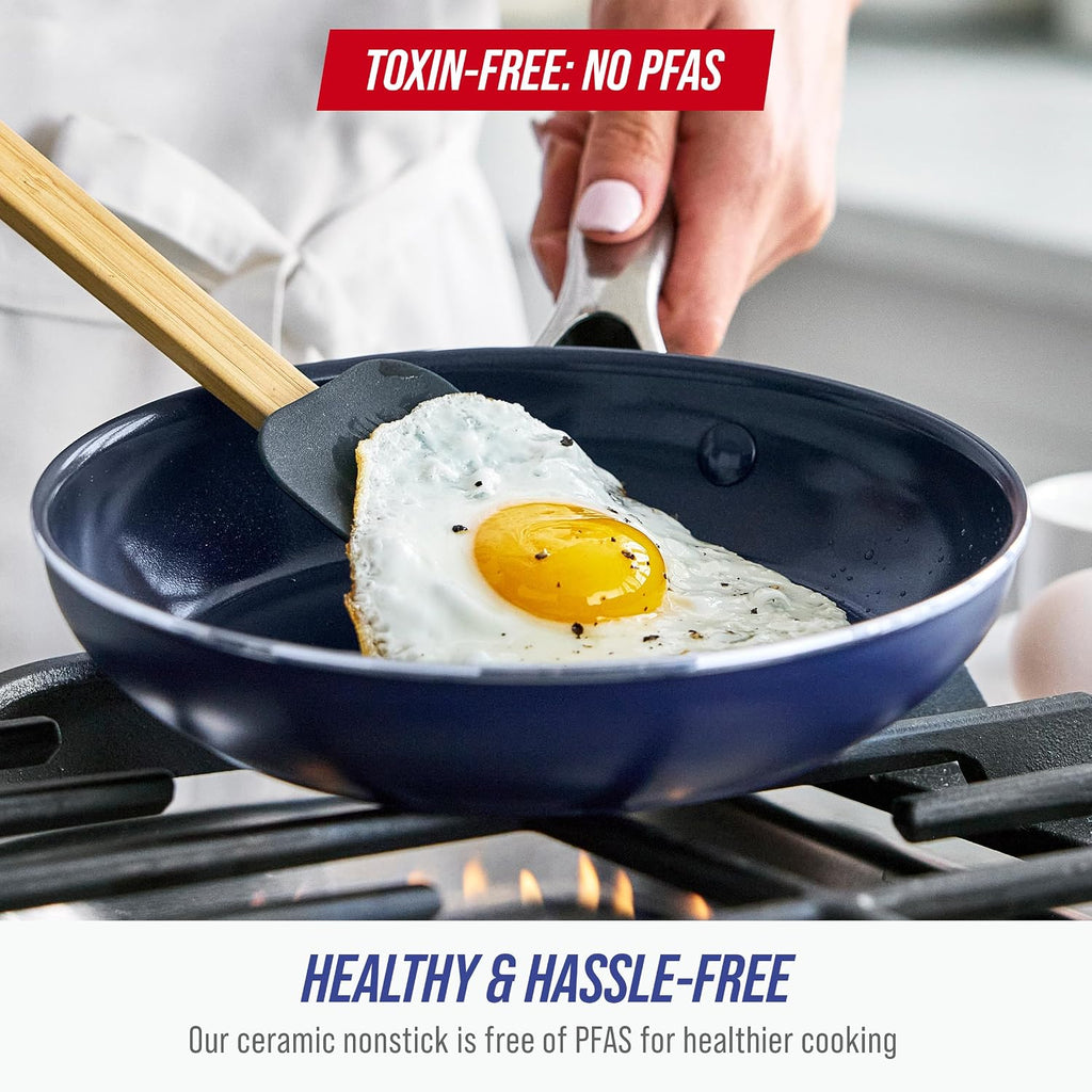 10 Piece Ceramic Nonstick Cookware Pots & Pans Set, Blue | PFAS-Free Diamond Infused Ceramic Nonstick, Metal Utensil