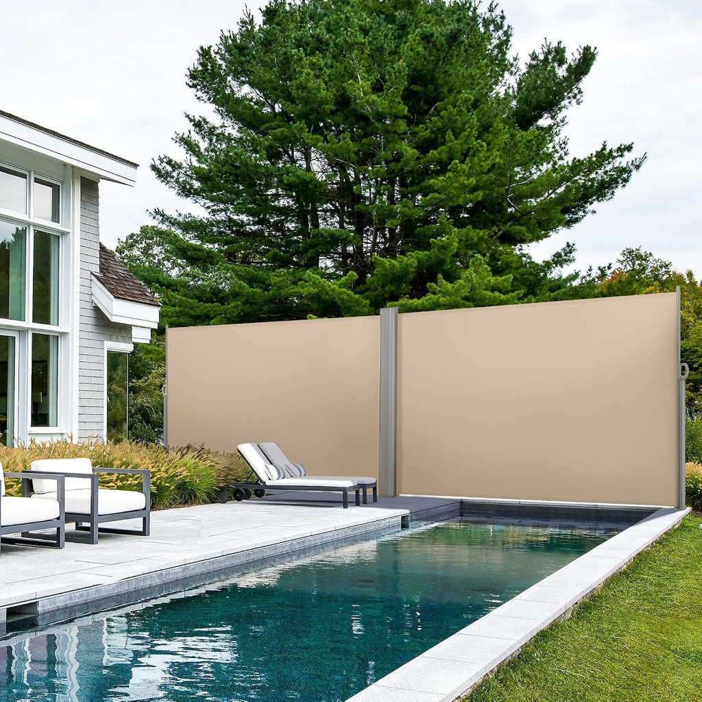 236x71in Double Retractable Side Awning Privacy Screen Beige | Dual-side retractable design, fits concrete & wood