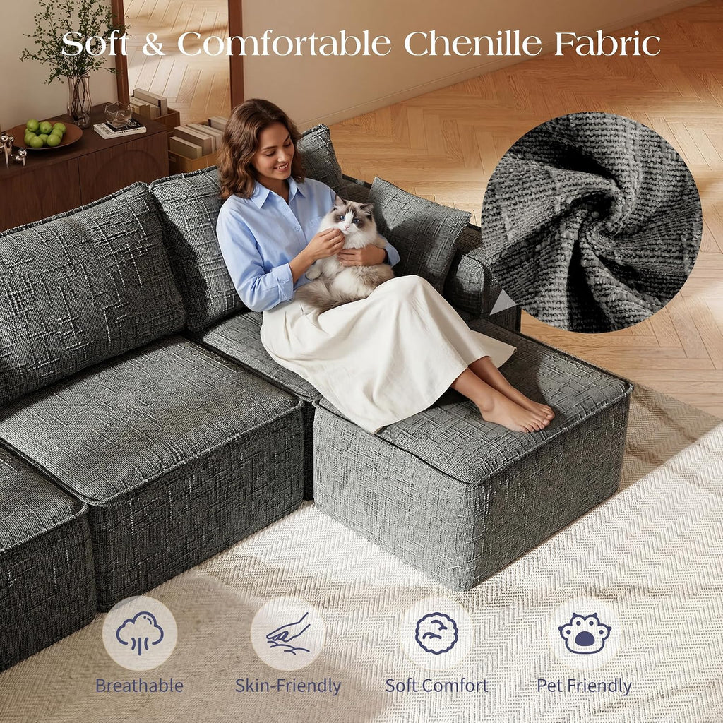145.6” L Shaped Boneless Couches for Living Room, Modular Sofa Memory Foam