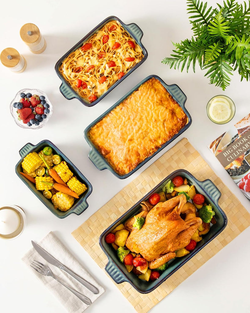 Ceramic Casserole Dishes for Oven, Reactive Glaze Dishes Set of 4, Deep Rectangular Lasagna Pans with Handles