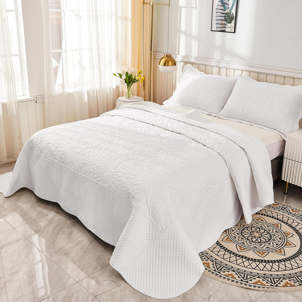 3-Piece 100% Cotton Oversized Bedspread Lightweight Quilt Coverlet Embroidery Farmhouse Bedding Set T0 (Bright White
