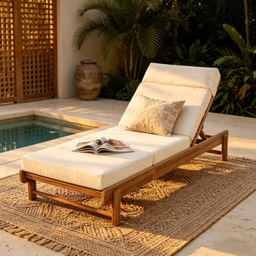 Outdoor Chaise Lounge, 4-Fold Cushion with Built-in Headrest, Acacia Wood Recliner Chair with Slatted Design