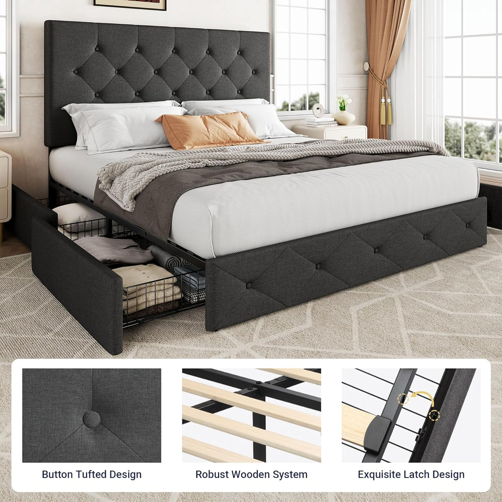 Upholstered Queen Platform Bed Frame with 4 Storage Drawers and Headboard, Diamond Stitched Button Tufted