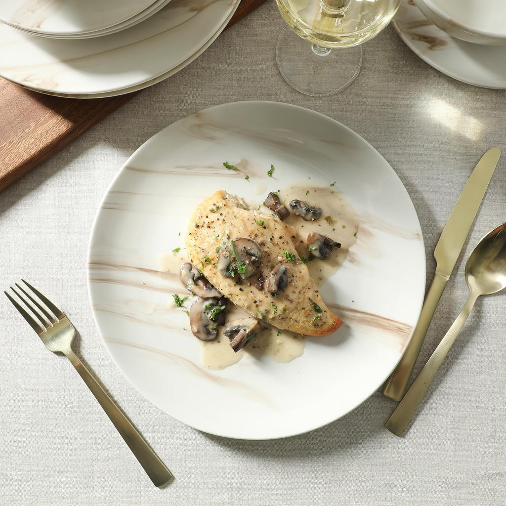 Cloudlight 12 Piece Plates and Bowls Dishes Brown and White - Decorated Porcelain Ceramic Dinnerware Set - Service for 4