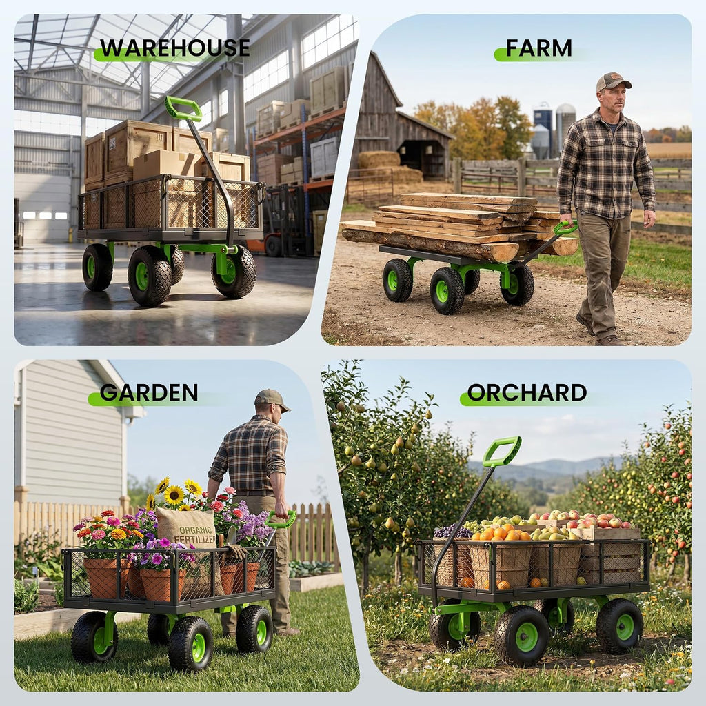 Steel Garden Cart 1000 Lbs Capacity with 10" All Terrain Tires | Heavy Duty Utility Wagon Cart on Wheels, Removable