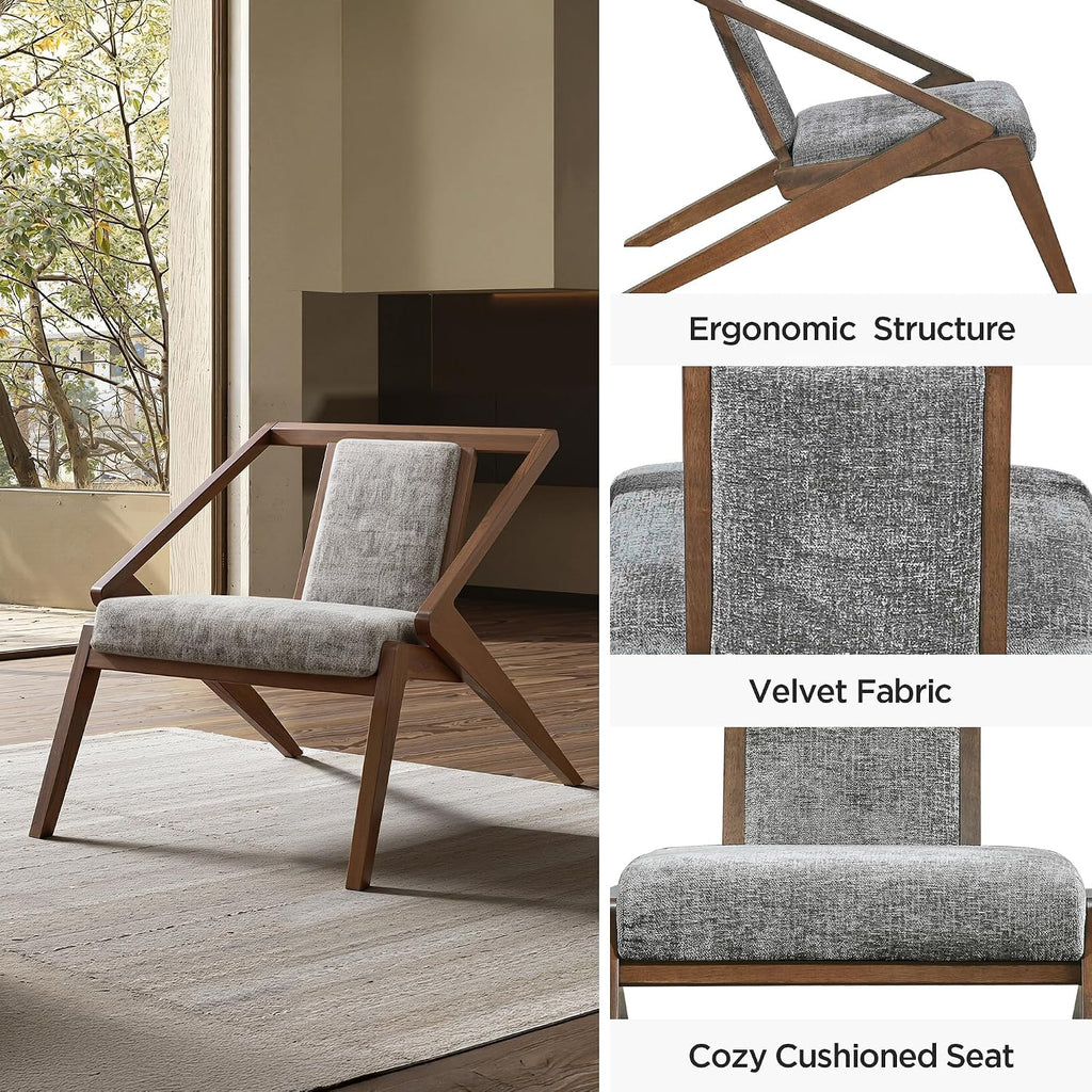 Mid-Century Modern Lounge Chair, Upholstered Velvet Living Room Reading Armchair with Solid Wood Frame, Steel-Grey