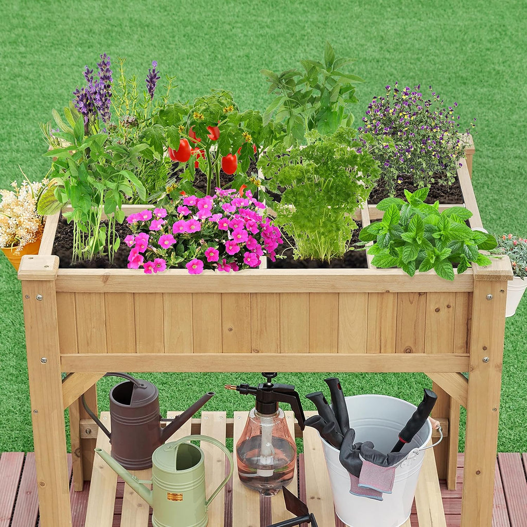 36" Raised Planter Box 8-Pocket with Grow Grid,1Pcs | Waist-high planter saves back, sturdy fir. 8 grids for