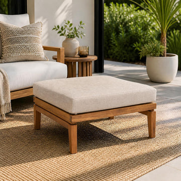 Ellie Outdoor Ottoman with Water-Repellent Cushion, Acacia Wood Patio Ottoman, Outdoor Foot Stool Furniture Set