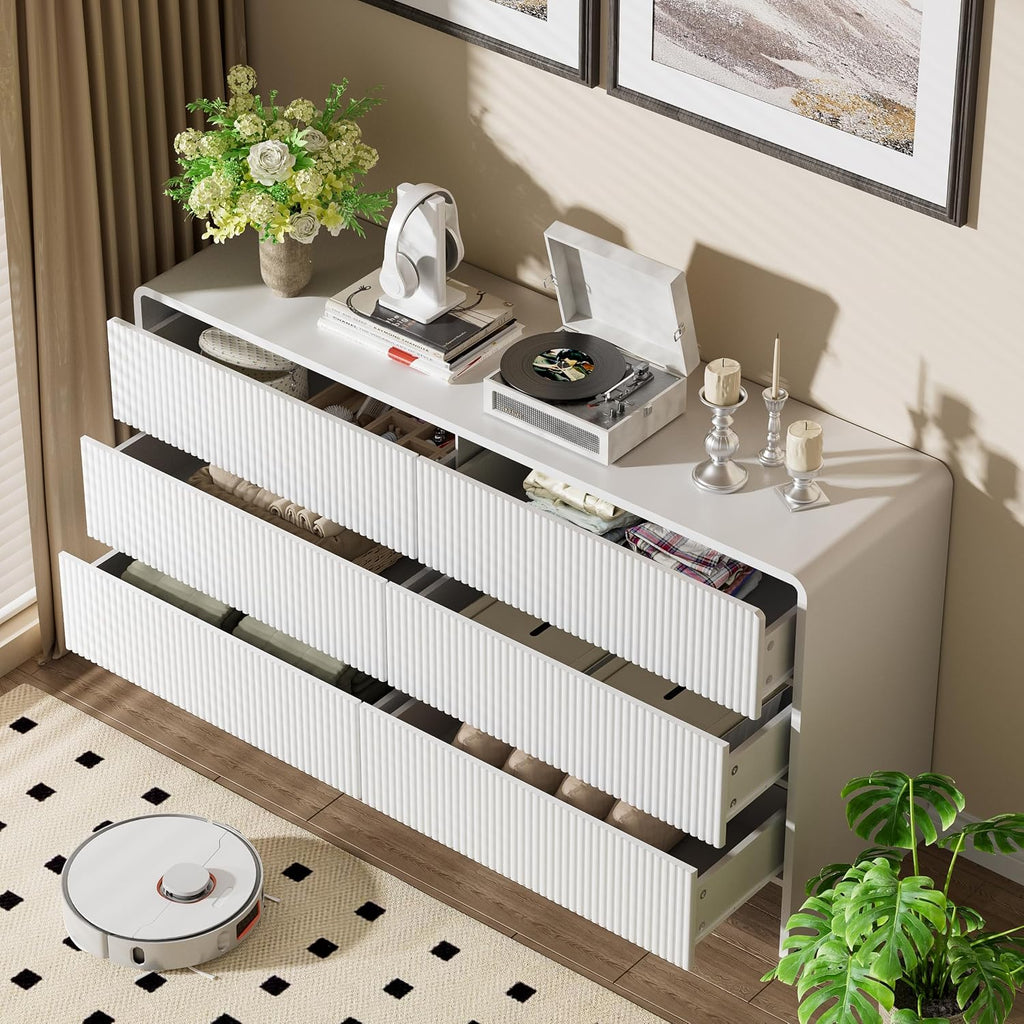 55" Wide Modern Dresser , 6 Drawer Chest of Drawers with Curved Design, Push-to-Open Storage Dresser, White