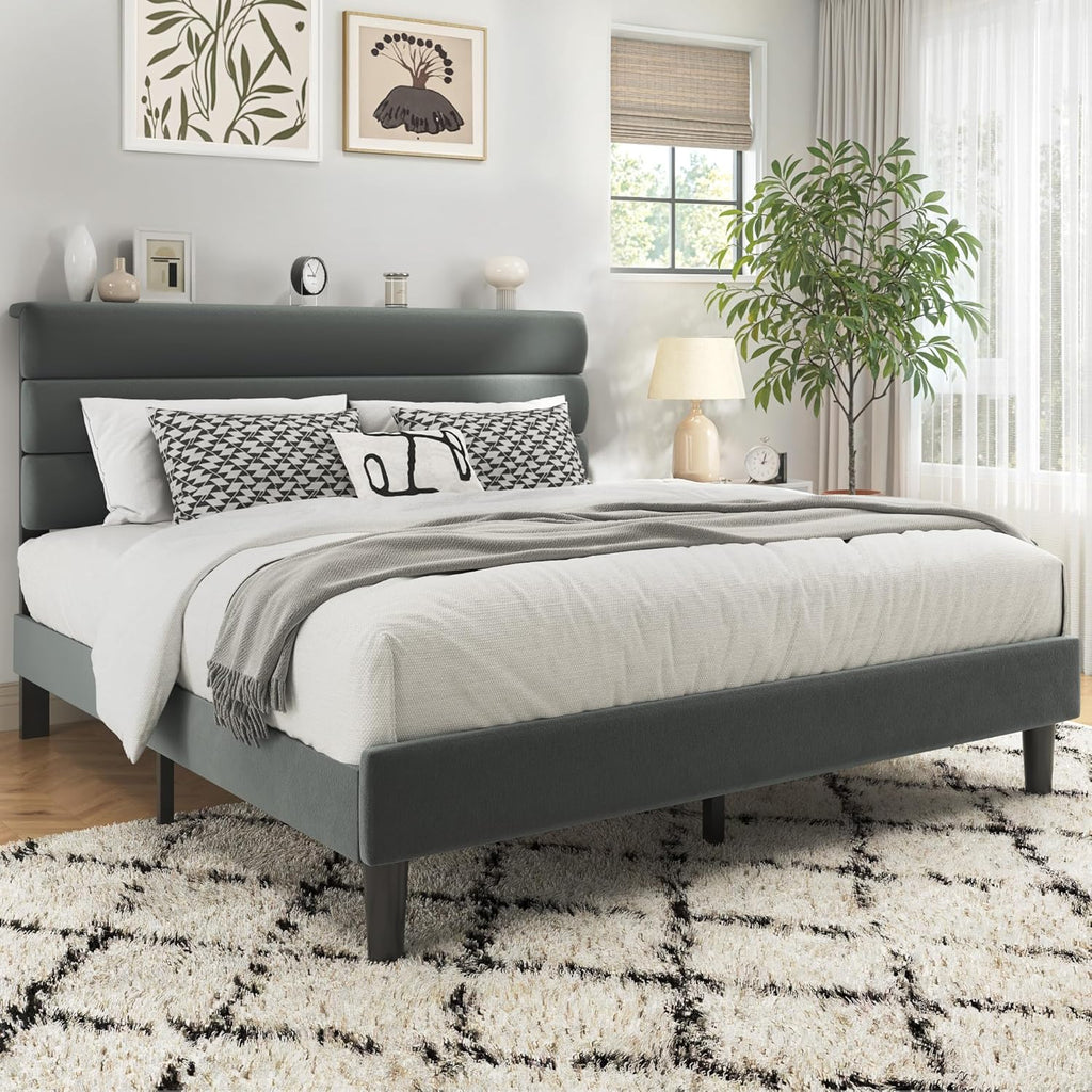 Queen Bed Frame, Platform Bed Frame with Velvet Upholstered Headboard, No Box Spring Needed, Sturdy Metal Support