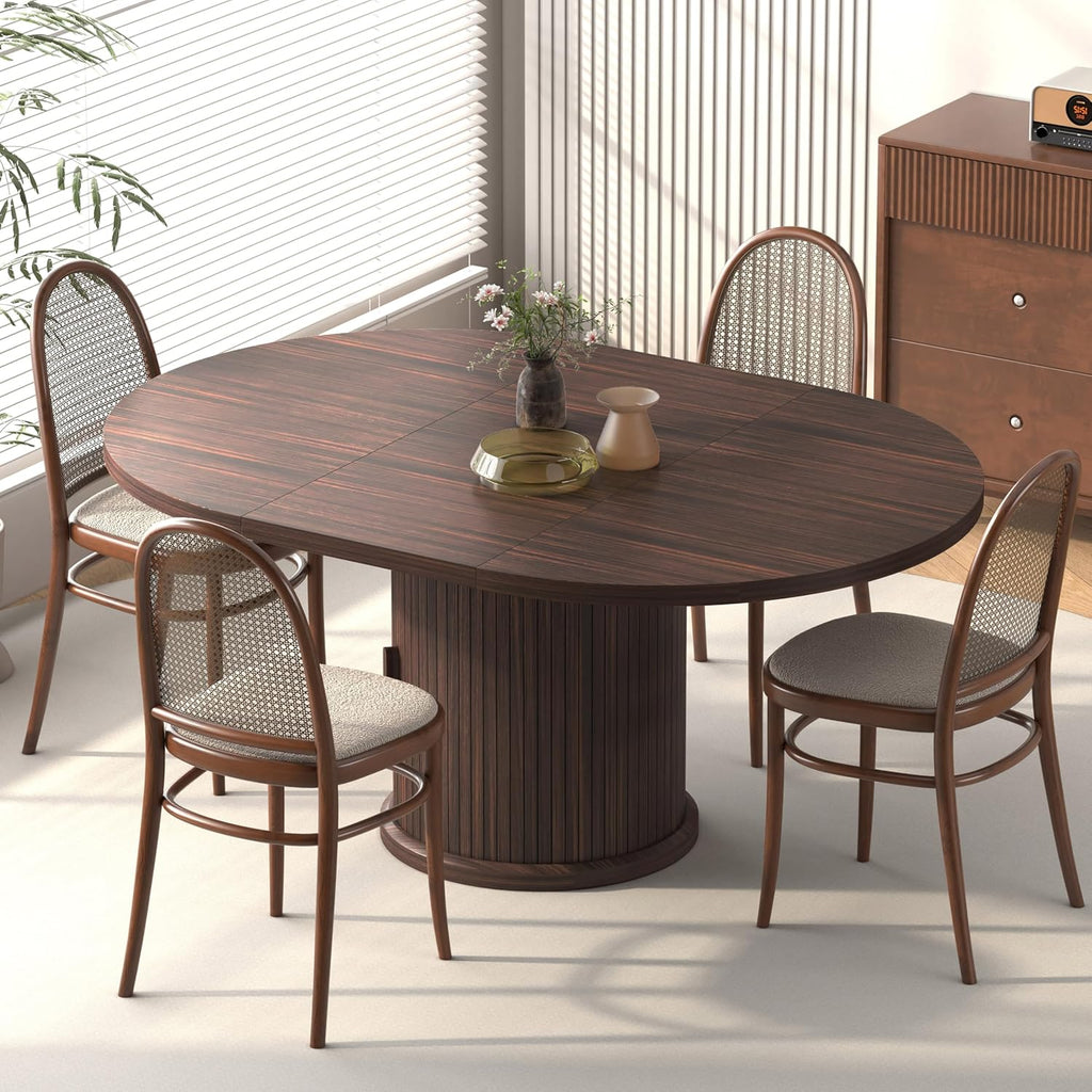 47.2" - 63" Extendable Dining Room Table for 4 - 8, Round‑to‑Oval Expandable Wood Table with Dust‑Proof 2‑Tier