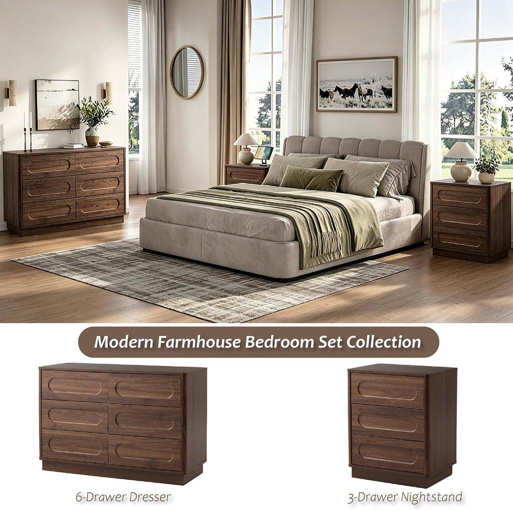 Modern 6 Drawer Dresser with Push-to-Open Drawers, Mid-Century Wide Bedside Table with Raised Base , Oval Groove