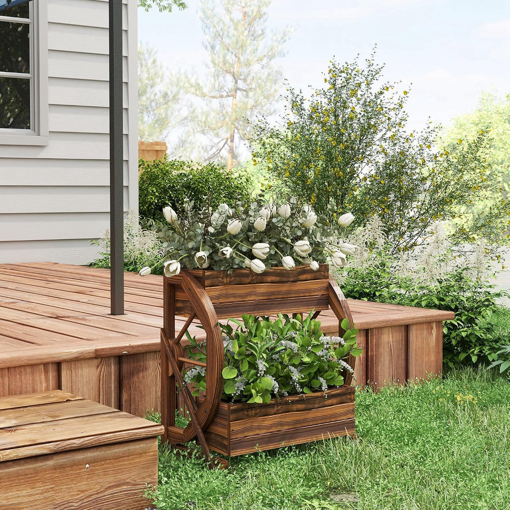 2-Tier Raised Garden Bed Planter Boxes 22" x 13" x 22" | Wooden Wagon, Drainage Holes, for Vegetables Flowers Herbs