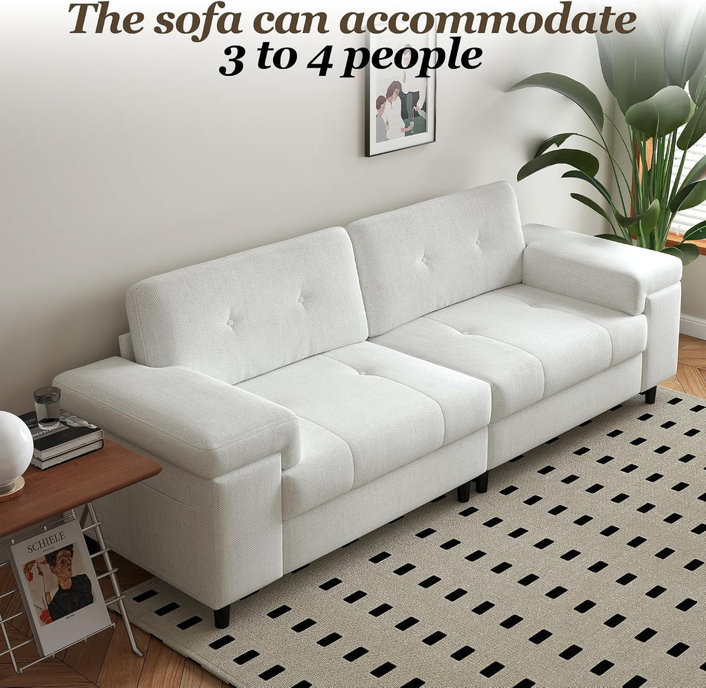 85 Inch Modern 3 Seater Sofa , Deep Seat Chenille Couch with Adjustable Wide Armrest & Plush Backrest, Button Tufted