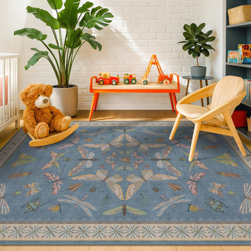 Blue Washable Kids Playroom Rug - 5x7 Area Rugs Baby Boy, Bedroom, Living Room, Toddler Boy Room Decor, Cute Animals