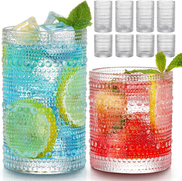 Vintage Hobnail Drinking Glasses Set of 8, 12 oz Highball Glasses & 10 oz Cocktail Glasses Set, Kitchen Water Glasses