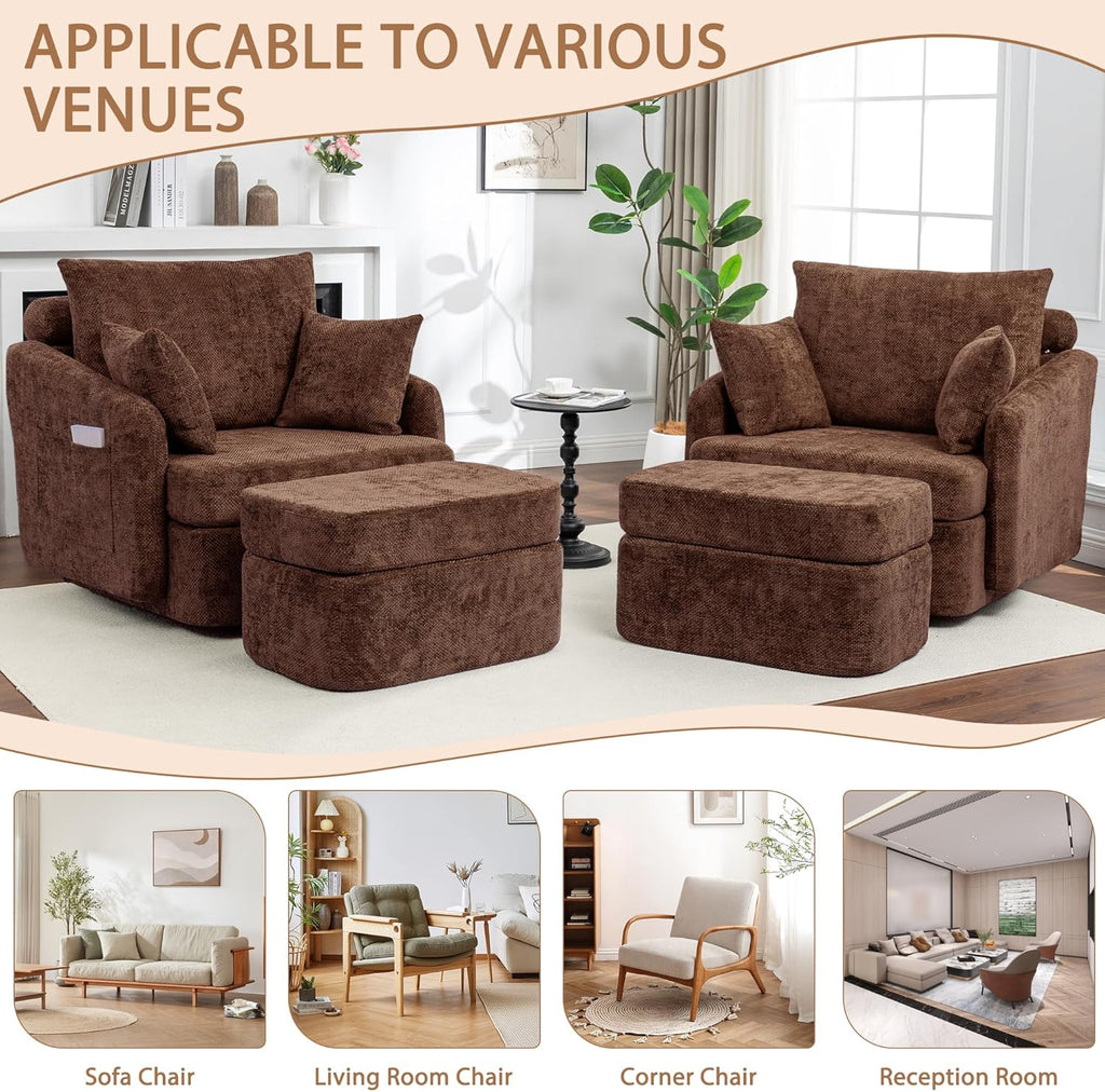 Modern Swivel Lounge Chair and Ottoman — Brown Chenille