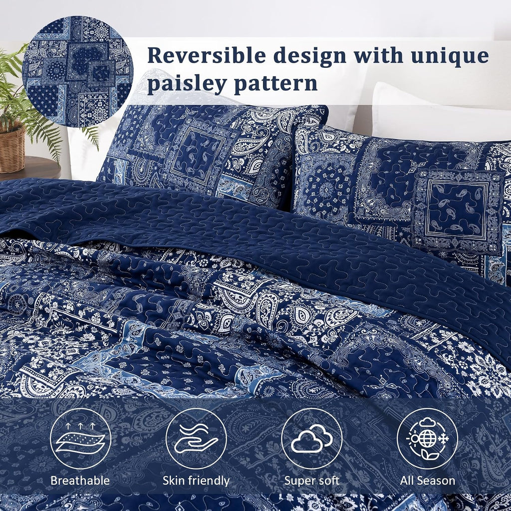 Blue Patchwork Quilt Set,Boho Navy Blue Quilt Set,Paisley Farmhouse Bedspread Soft Microfiber Bedding Set