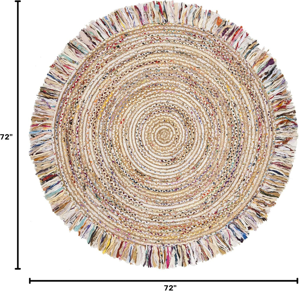 Cape Cod Collection Area Rug - 6' Round, Ivory & Light Beige, Handmade Boho Fringe Jute & Cotton, Ideal for High
