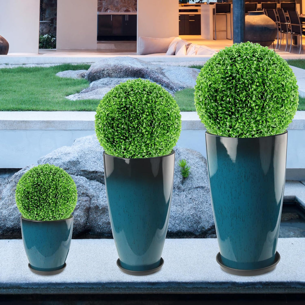 24-21-11 Inch Tall Planters for Outdoor Plants Set of 3 Blue | Tall Planters Blue Glossy Round Planter with Drainage