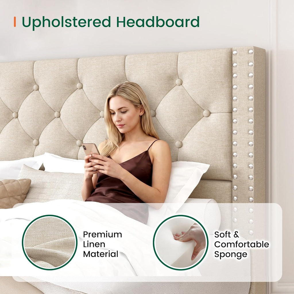 Queen Bed Frame with 4 Storage Drawers and Tufted Headboard Linen Upholstered Platform Bed Frame with Heavy Duty Wood