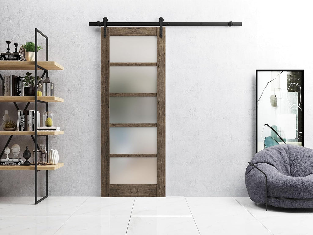 Quadro 4002 | Interior Single Sliding barn Door with Frosted Glass, MDF, 42x84, Black, Modern Style 