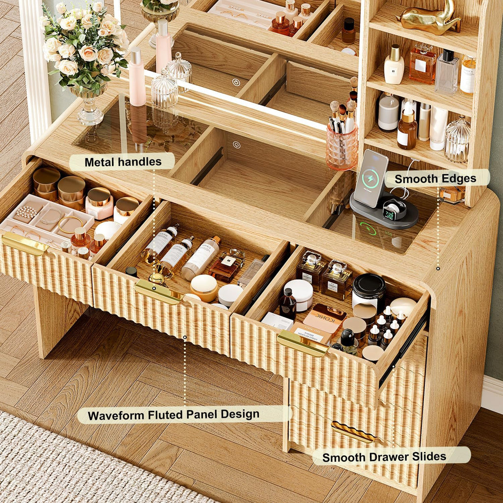47"Makeup Vanity Desk with Mirror and Lights, Vanity Desk with 7 Drawers & Storage Shelves, Vanity Table with Power