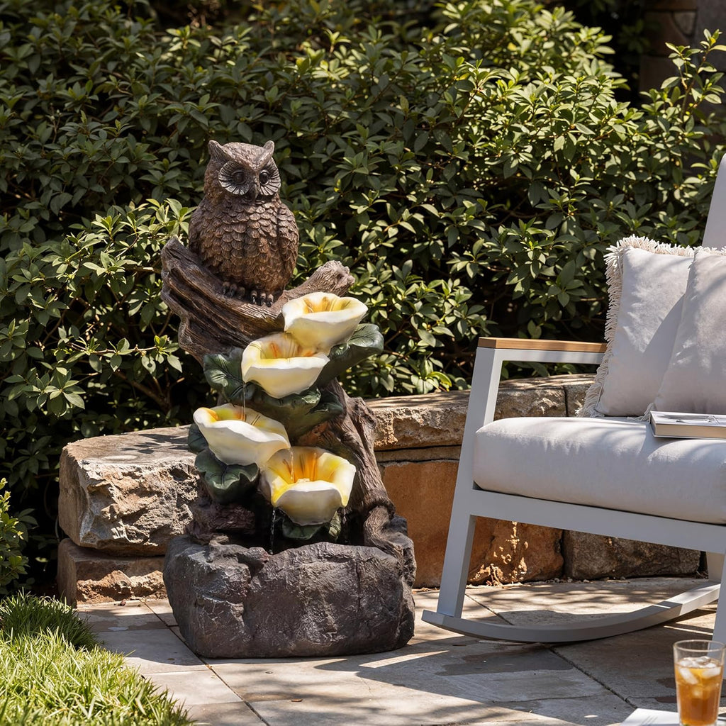 28.3" Tall Outdoor Water Fountain, 5 Tier Cascading Bowls and Stacked Water Fountain with LED Lights Décor, and Deck