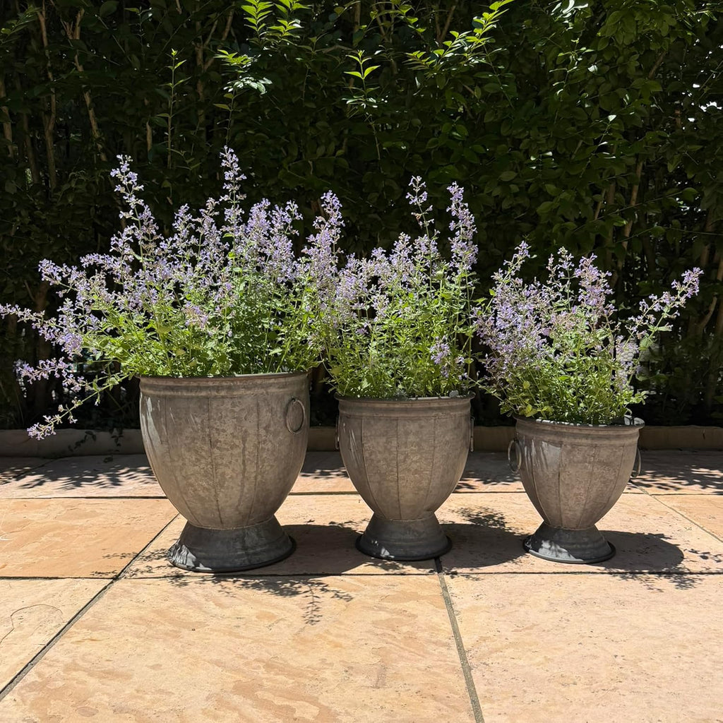 Durham Footed Urn Chubby Belly Planters, Set of 3, Ring Handles, Galvanized Metal, Vintage Grey, Indoor/Outdoor