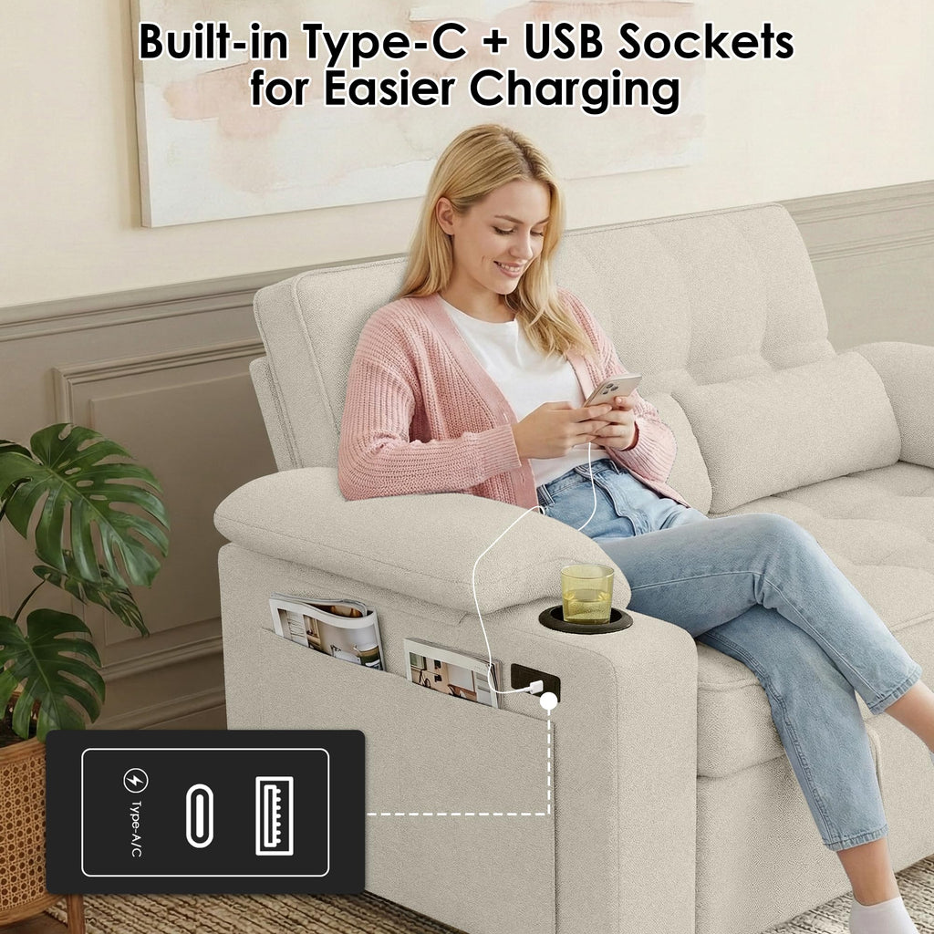 58'' Convertible Sofa Bed with USB Charger and Cup Holders, Teddy Fabric Loveseat Pull Out Couch with Adjustable