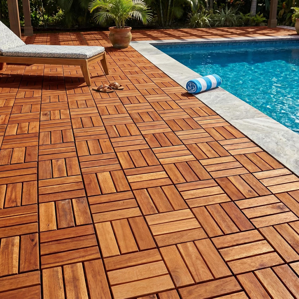 Wood Interlocking Deck Tiles - 12"x12" Indoor & Outdoor Flooring Tiles for Balcony, Backyard & Poolside, Weather & UV