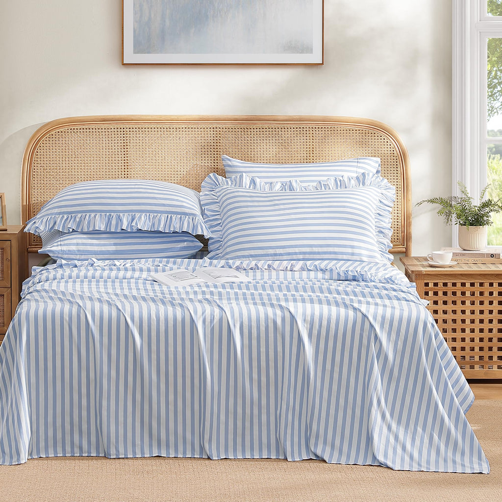 King Ruffle Sheet Set 4 Piece - Blue Stripe Soft Lightweight Microfiber Bedding with Deep Pocket, Breathable Ruffled