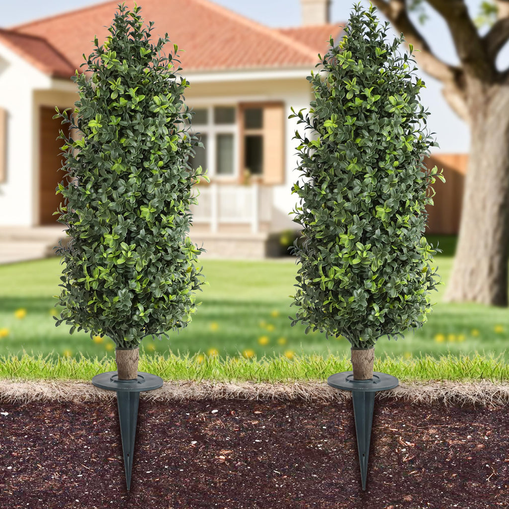 Artificial Topiary Trees with Ground Spike 30 Inch Tall UV Rated Cone Bush Evergreen, Set of 2 Easy to Push in The