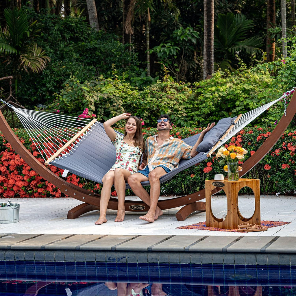 Daze Double Hammock with Pillow & Tree Straps for Outside, Grey | 2 Person Quilted Hammock with Hardwood Spreader